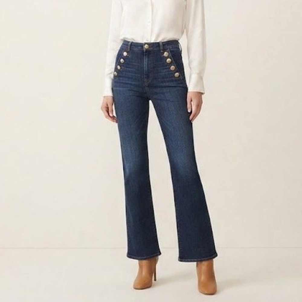 Ramy Brook Helena High Rise Flare Jeans Blue Sailor Gold Button Hemmed 28